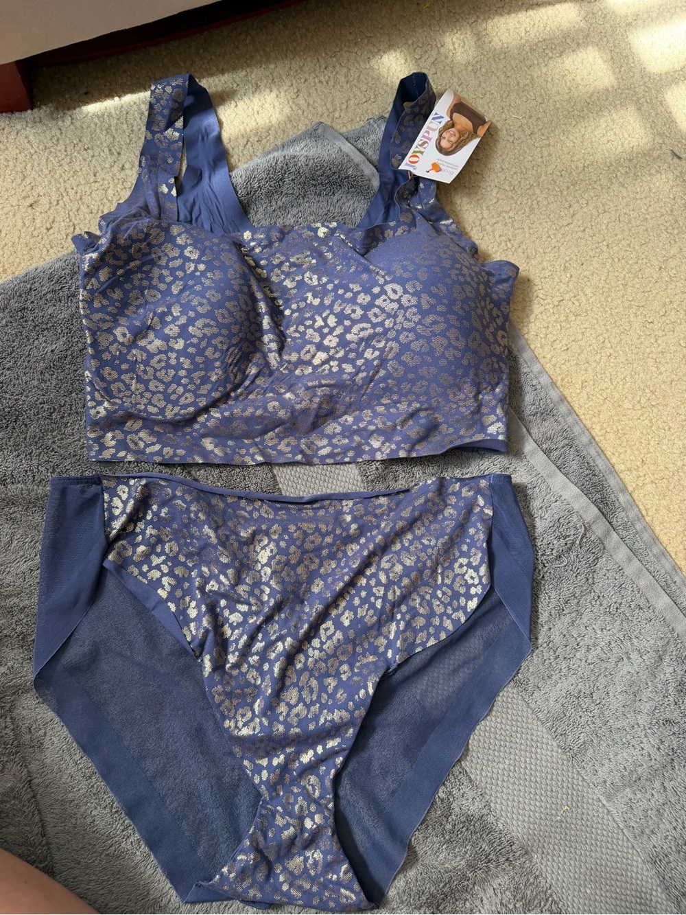 Navy Blue Metallic Leopard Lounge Bra & Brief Set